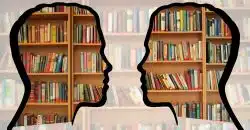 silhouette, head, bookshelf